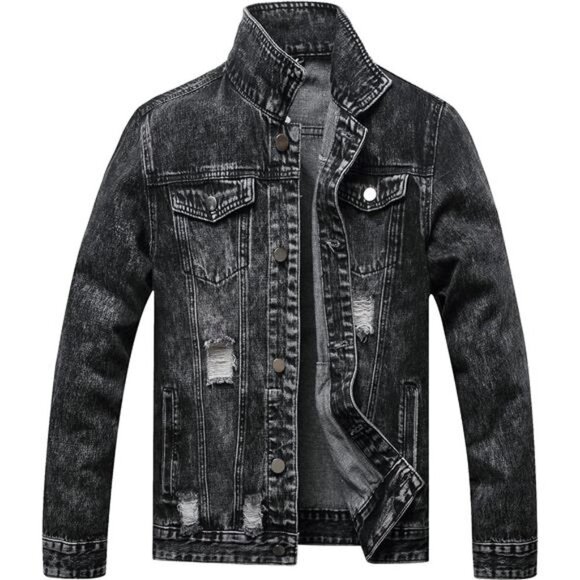 Dark Wash Distressed Jean Jacket Ripped Acid Wash Slim Fit Denim‎ Trucker Jacket